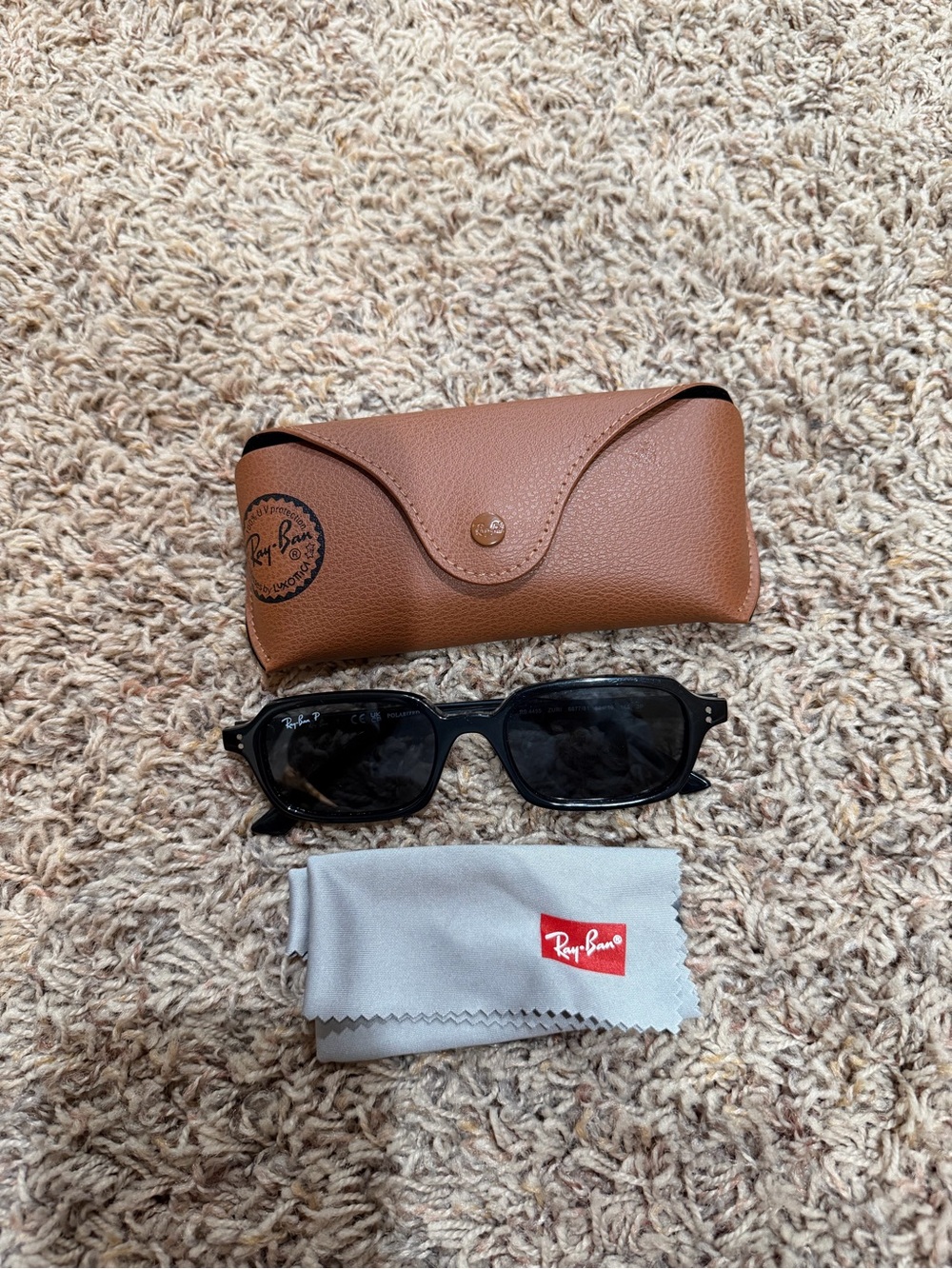 Ray-Ban Womens Black Rectangular Sunglasses with Brown Case